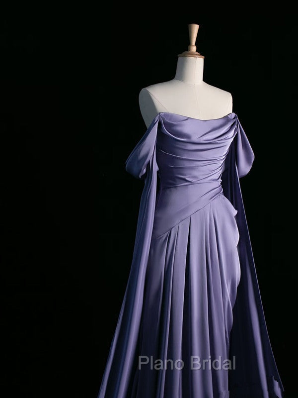 Simple A Line Strapless Sleeveless Satin Lilac Formal Prom Dresses Long Formal Prom Dresses