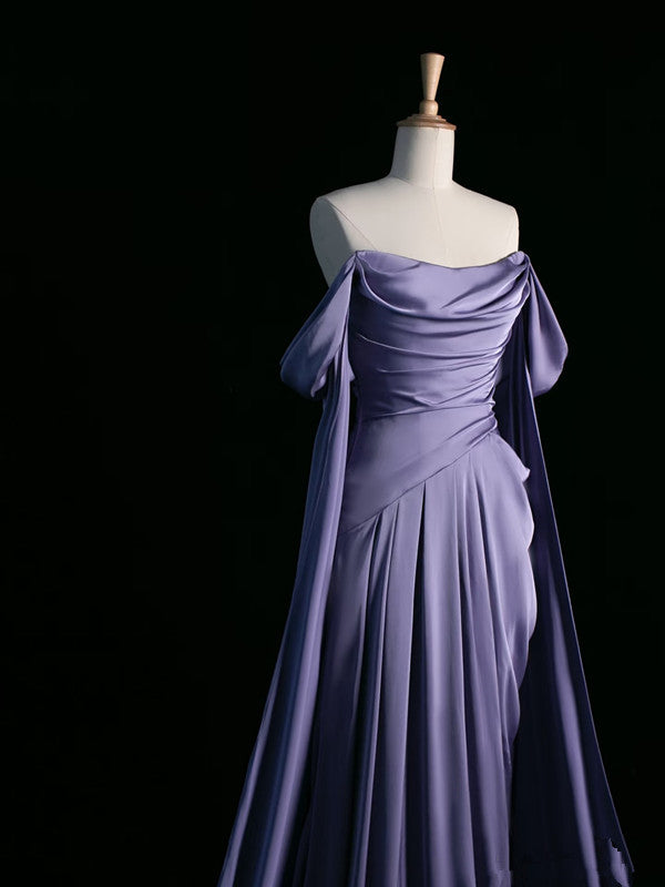 Simple A Line Strapless Sleeveless Satin Lilac Formal Prom Dresses Long Formal Prom Dresses