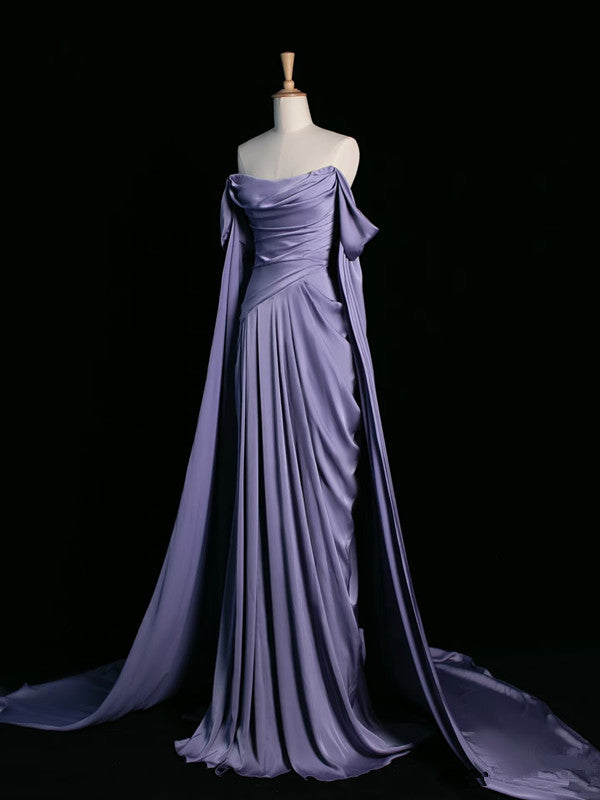 Simple A Line Strapless Sleeveless Satin Lilac Formal Prom Dresses Long Formal Prom Dresses