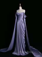 Simple A Line Strapless Sleeveless Satin Lilac Formal Prom Dresses Long Formal Prom Dresses