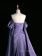 Simple A Line Strapless Sleeveless Satin Lilac Formal Prom Dresses Long Formal Prom Dresses