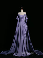 Simple A Line Strapless Sleeveless Satin Lilac Formal Prom Dresses Long Formal Prom Dresses