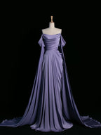 Simple A Line Strapless Sleeveless Satin Lilac Formal Prom Dresses Long Formal Prom Dresses