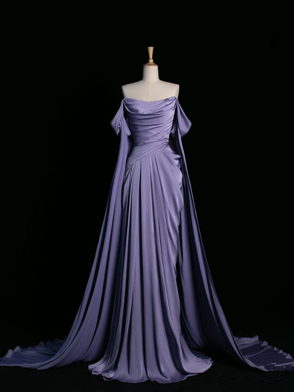Simple A Line Strapless Sleeveless Satin Lilac Formal Prom Dresses Long Formal Prom Dresses
