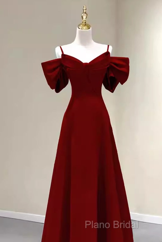 Simple A Line Straps Red Satin Long Formal Prom Dresses