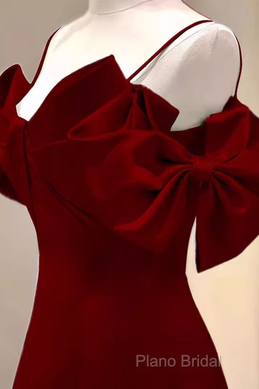 Simple A Line Straps Red Satin Long Formal Prom Dresses