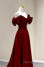 Simple A Line Straps Red Satin Long Formal Prom Dresses