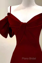 Simple A Line Straps Red Satin Long Formal Prom Dresses