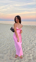 Simple A Line Straps Sleeveless Party Dresses Silk Satin Pink Formal Prom Dresses