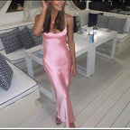 Simple A Line Straps Sleeveless Party Dresses Silk Satin Pink Formal Prom Dresses