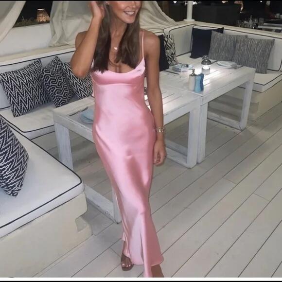 Simple A Line Straps Sleeveless Party Dresses Silk Satin Pink Formal Prom Dresses