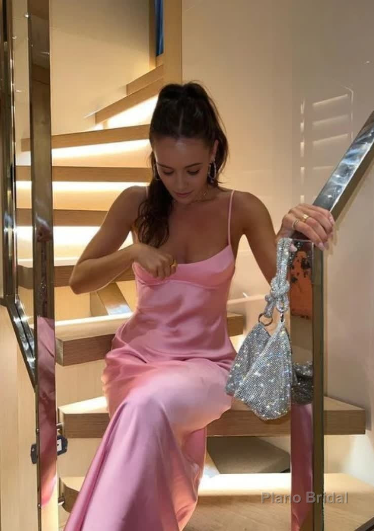 Simple A line Straps Sleeveless Party Dress Silk Satin Pink Prom Dress Main image