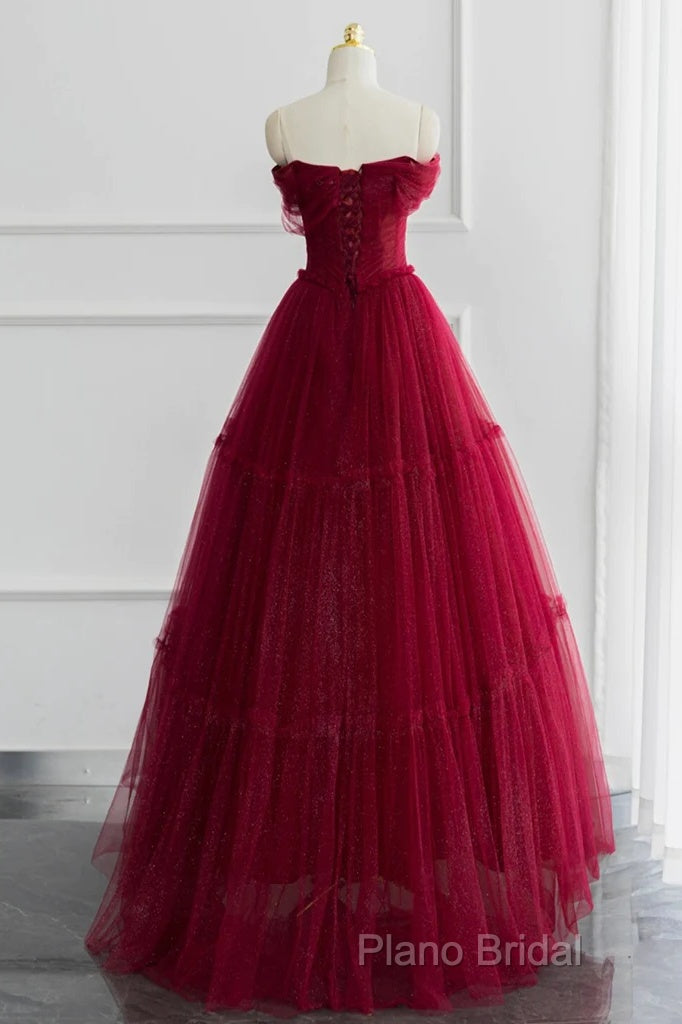 Simple A-Line Tulle Burgundy Long Formal Prom Dresses Secondary image