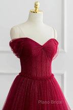 Simple A-Line Tulle Burgundy Long Formal Prom Dresses