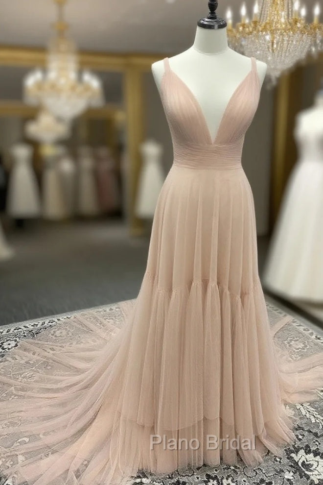 Simple A Line Tulle Champagne Long Formal Prom Dresses, Champagne Evening Dresses Main image