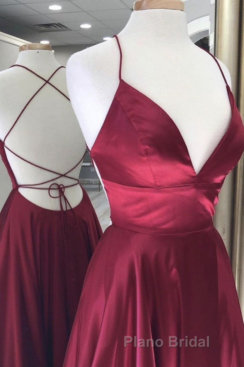 Simple A Line V Neck Backless Burgundy Long Formal Prom Dresses, Backless Burgundy Formal Graduation Evening Dresses
