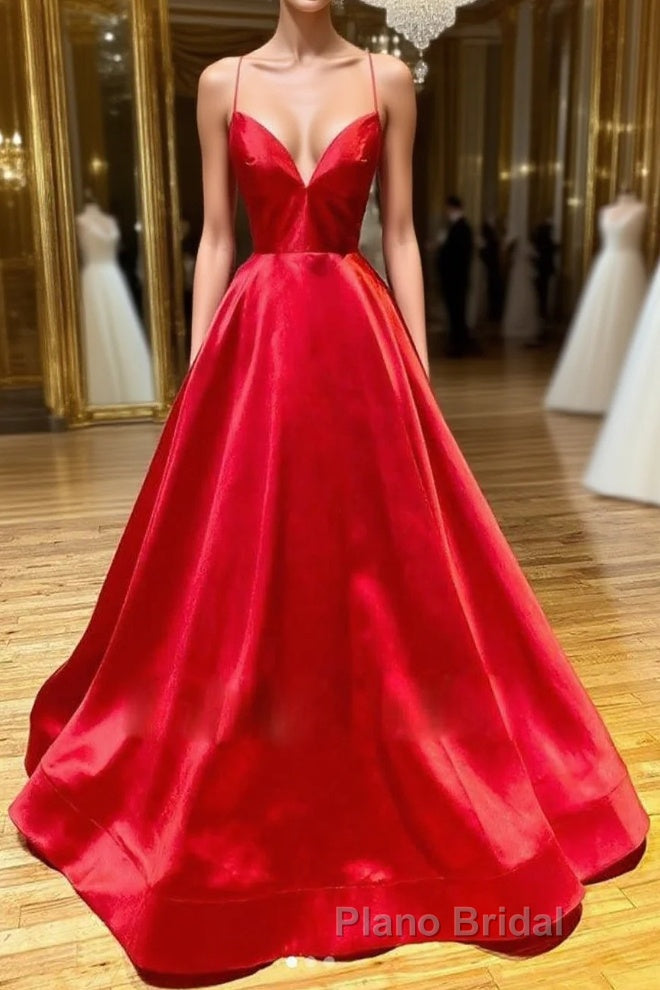 Simple A Line V Neck Backless Red Long Formal Prom Dress, Backless Red Fromal Dress, Red Evening Dress Main image