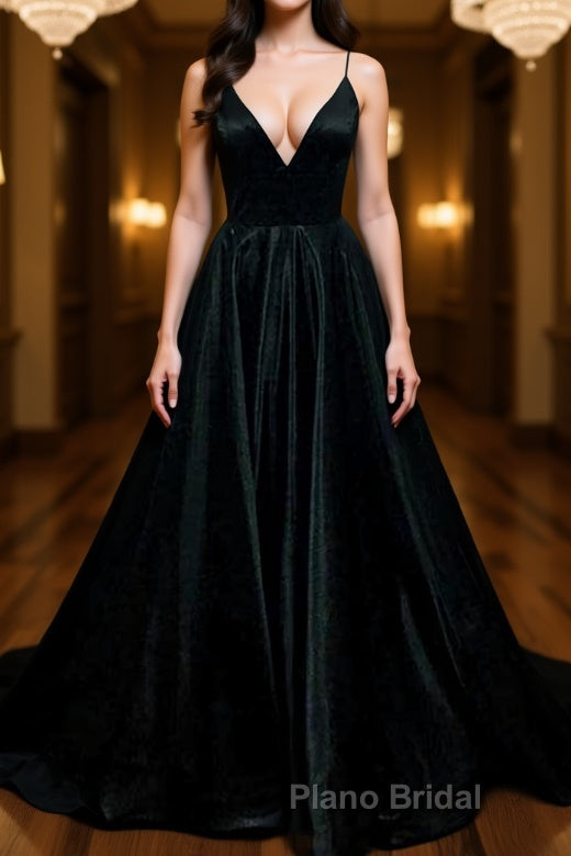 Simple A Line V Neck Black Satin Long Formal Prom Dresses, Black Formal Dresses, Evening Dresses 2019