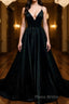 Simple A Line V Neck Black Satin Long Formal Prom Dresses, Black Formal Dresses, Evening Dresses 2019