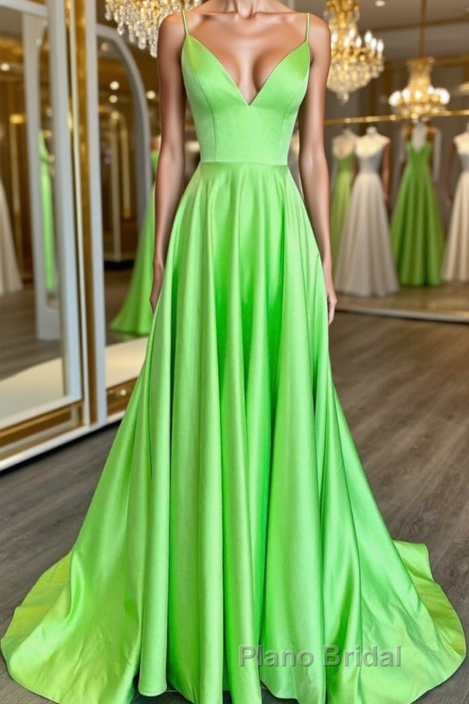 Simple A Line V Neck Green Satin Long Formal Prom Dress, V Neck Green Formal Graduation Evening Dress Main image