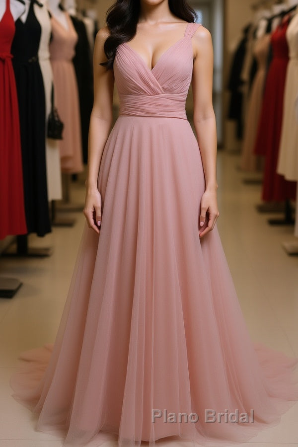 Simple A Line V Neck Pink Tulle Long Formal Prom Dress Bridesmaid Dress, V Neck Pink Formal Dress, Pink Evening Dress Main image
