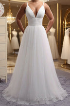 Simple A Line V Neck White Wedding Dresses, V Neck White Tulle Formal Prom Formal Dresses