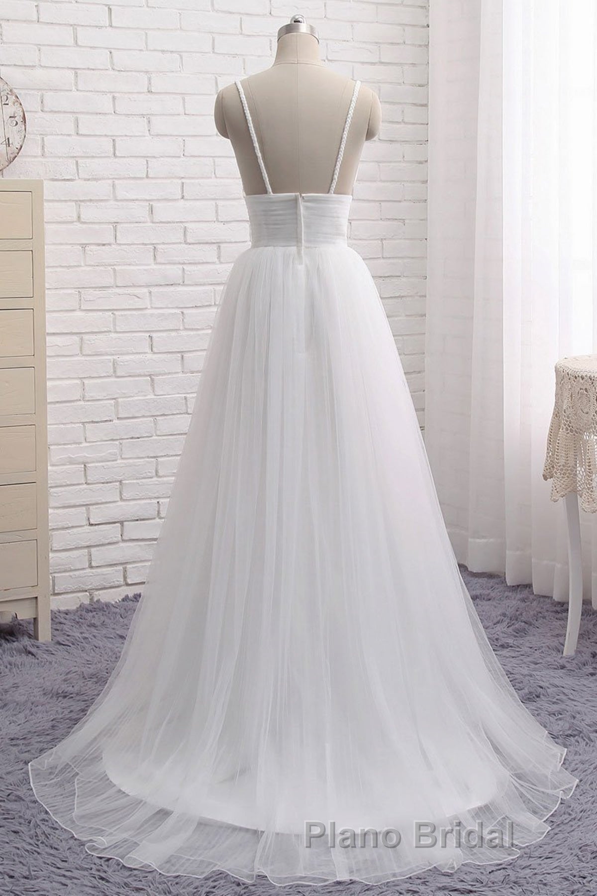 Simple A Line V Neck White Wedding Dresses, V Neck White Tulle Formal Prom Formal Dresses
