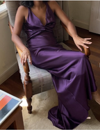 Simple A-Line V Neckline Grape Satin Long Formal Prom Dresses Formal Evening Dresses