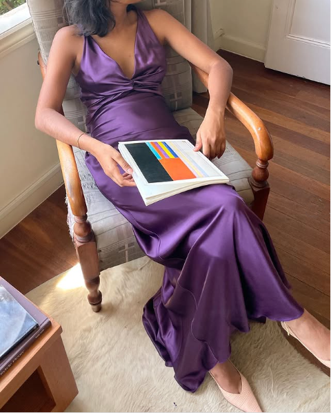 Simple A-Line V Neckline Grape Satin Long Formal Prom Dresses Formal Evening Dresses