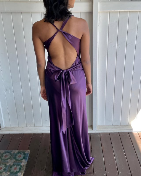 Simple A-Line V Neckline Grape Satin Long Formal Prom Dresses Formal Evening Dresses