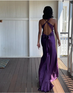 Simple A-Line V Neckline Grape Satin Long Formal Prom Dresses Formal Evening Dresses