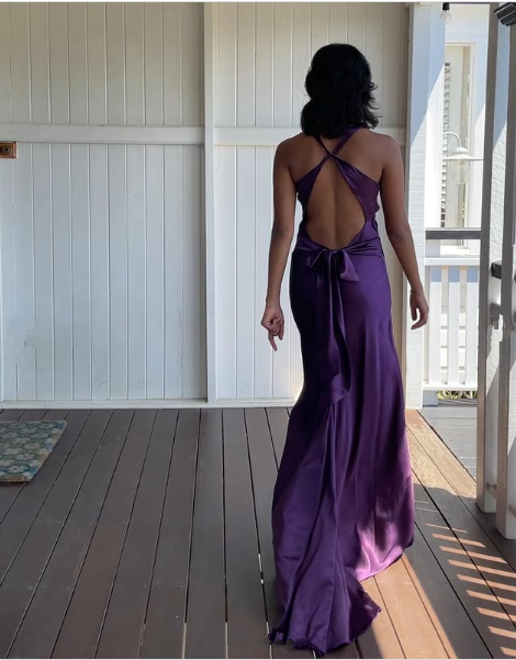 Simple A-Line V Neckline Grape Satin Long Formal Prom Dresses Formal Evening Dresses