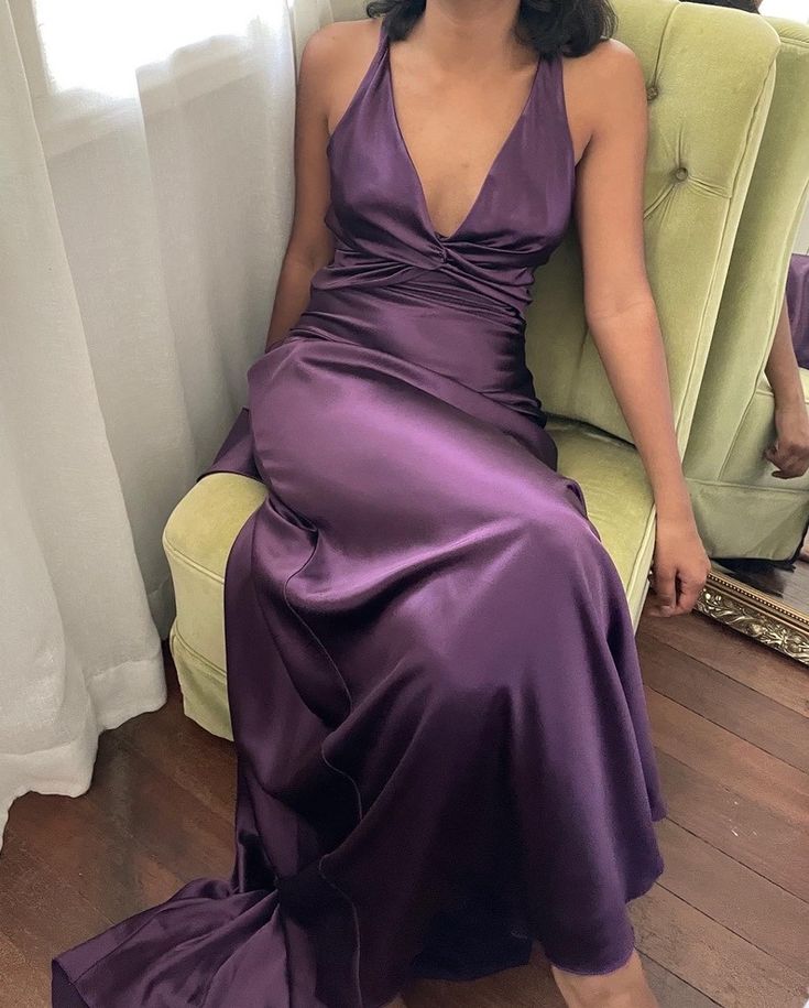 Simple A-Line V Neckline Grape Satin Long Formal Prom Dresses Formal Evening Dresses Main image