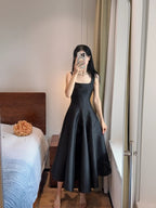 Simple And Elegant Pink A-Line Square Neck Halter Satin Formal Prom Dresses