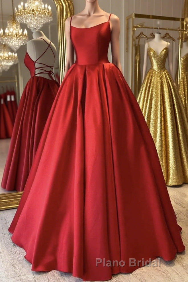 Simple Backless Red Satin Long Formal Prom Dress, Backless Red Formal Dress, Red Evening Dress Main image