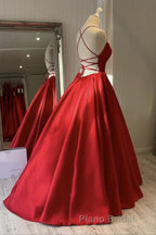 Simple Backless Red Satin Long Formal Prom Dress, Backless Red Formal Dress, Red Evening Dress