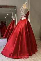 Simple Backless Red Satin Long Formal Prom Dress, Backless Red Formal Dress, Red Evening Dress
