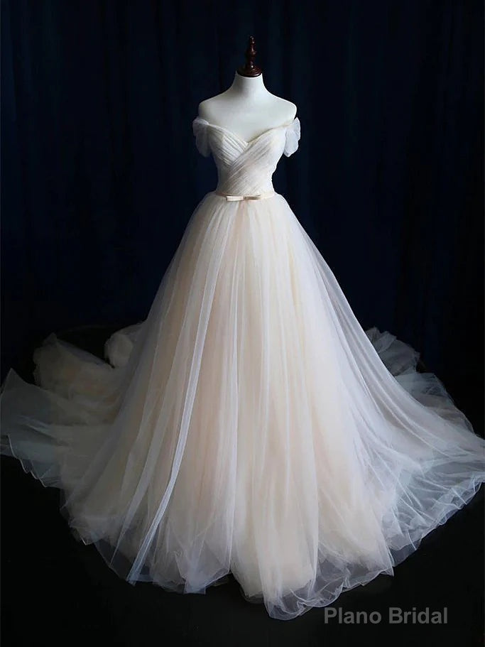 Simple Ball Gown Lace-up Ivory Tulle Off-the-shoulder Wedding Party Dress, Ivory Formal Dress Main image