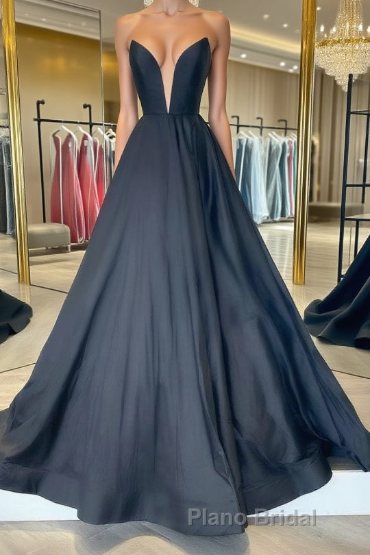 Simple black satin long Formal Prom dress, black evening dress