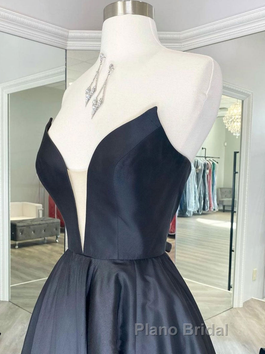 Simple black satin long Formal Prom dress, black evening dress