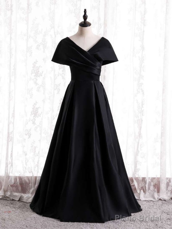Simple Black Satin V-neck Pleats Prom Dress Main image
