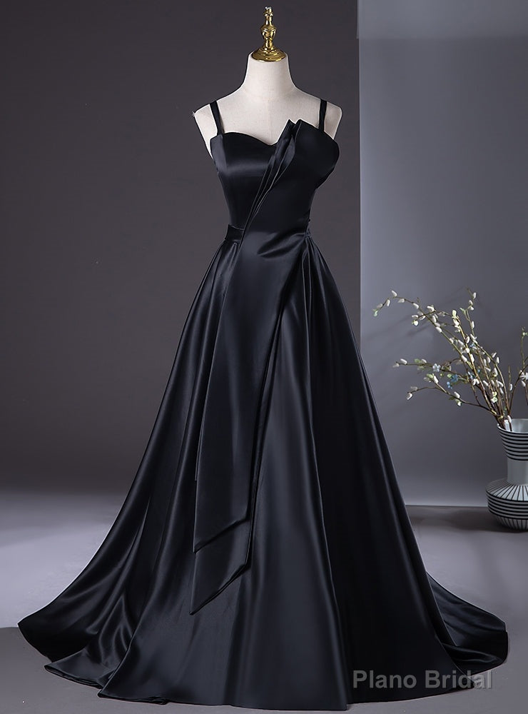 Simple Black Straps Pleats Prom Dress