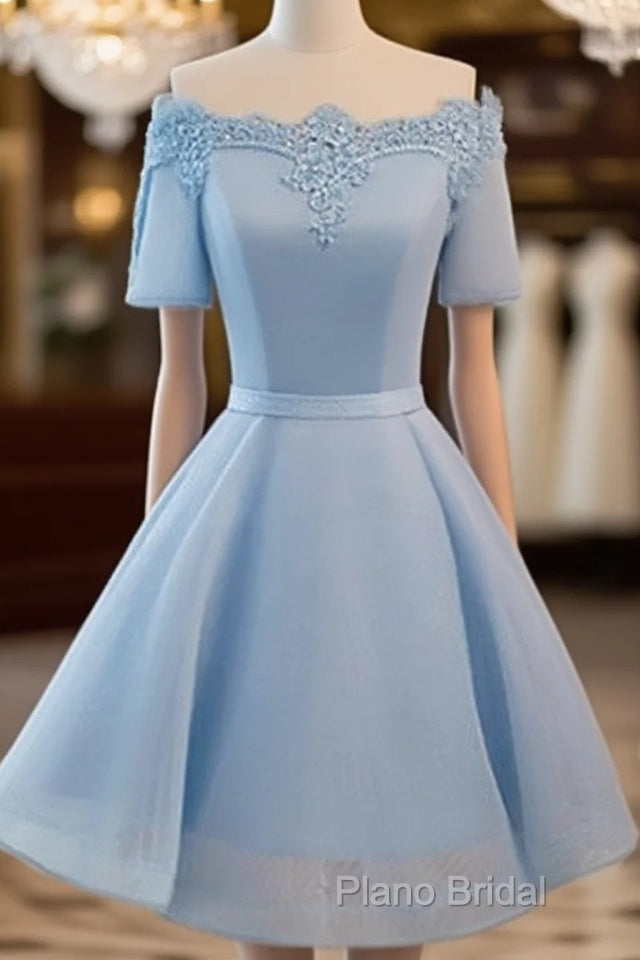 Simple Blue Lace Short Formal Prom Dresses, Bridesmaid Dresses Main image
