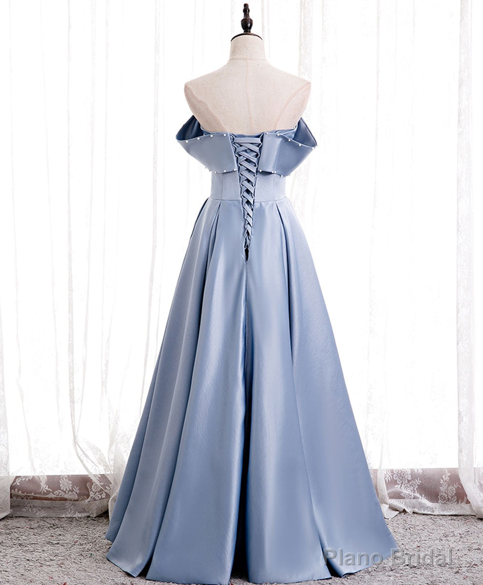 Simple Blue Off Shoulder Satin Long Prom Dress Blue Bridesmaid Dress Secondary image