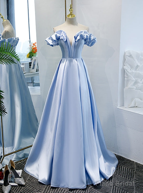 Simple Blue Satin Off the Shoulder Prom Dress Main image