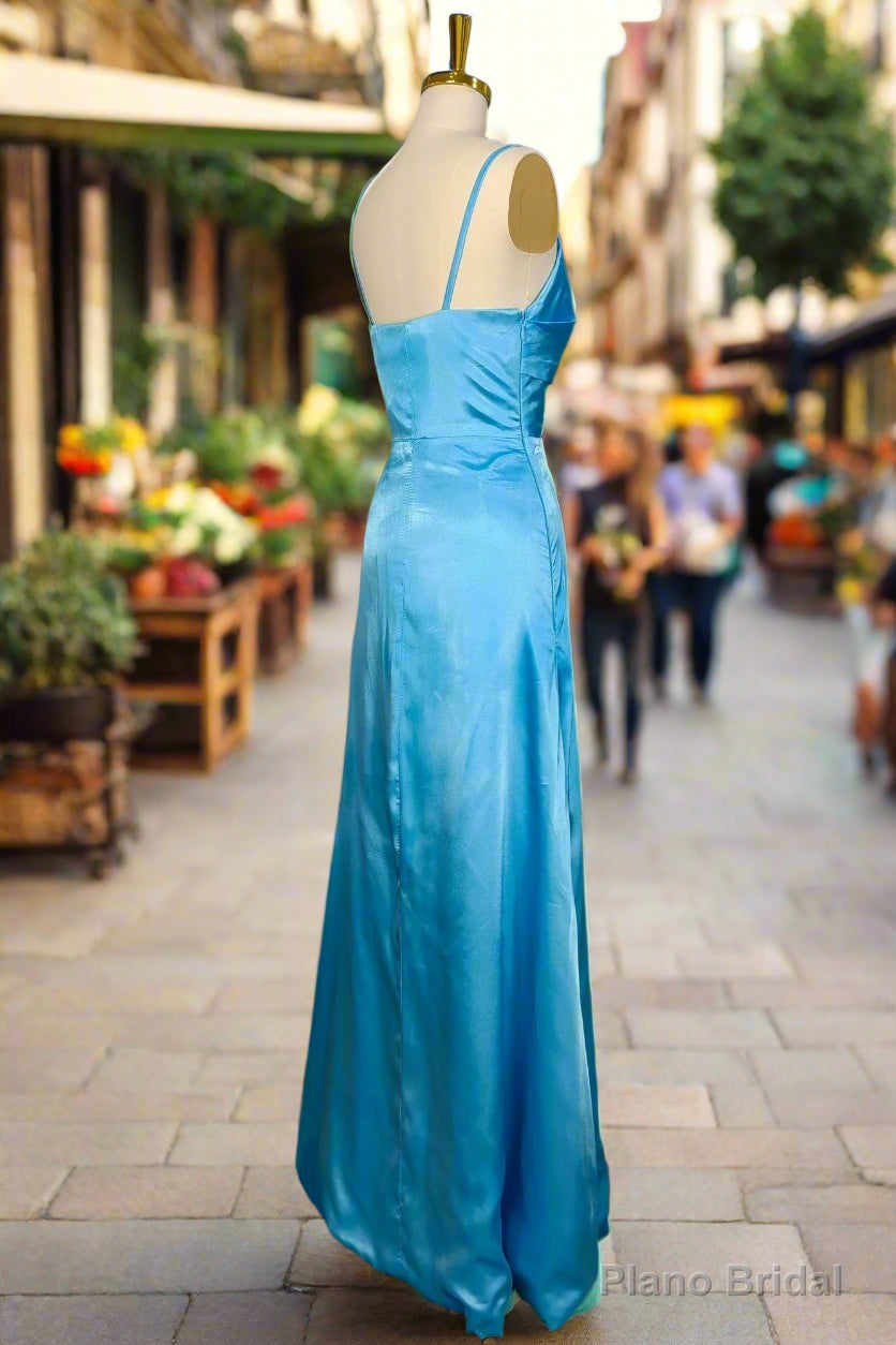 Simple Blue Spaghetti Straps Long Prom Dresses with Split Secondary image