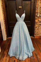 Simple Blue V Neck Sequin Long Formal Prom Dresses,A Line Blue Formal Dresses