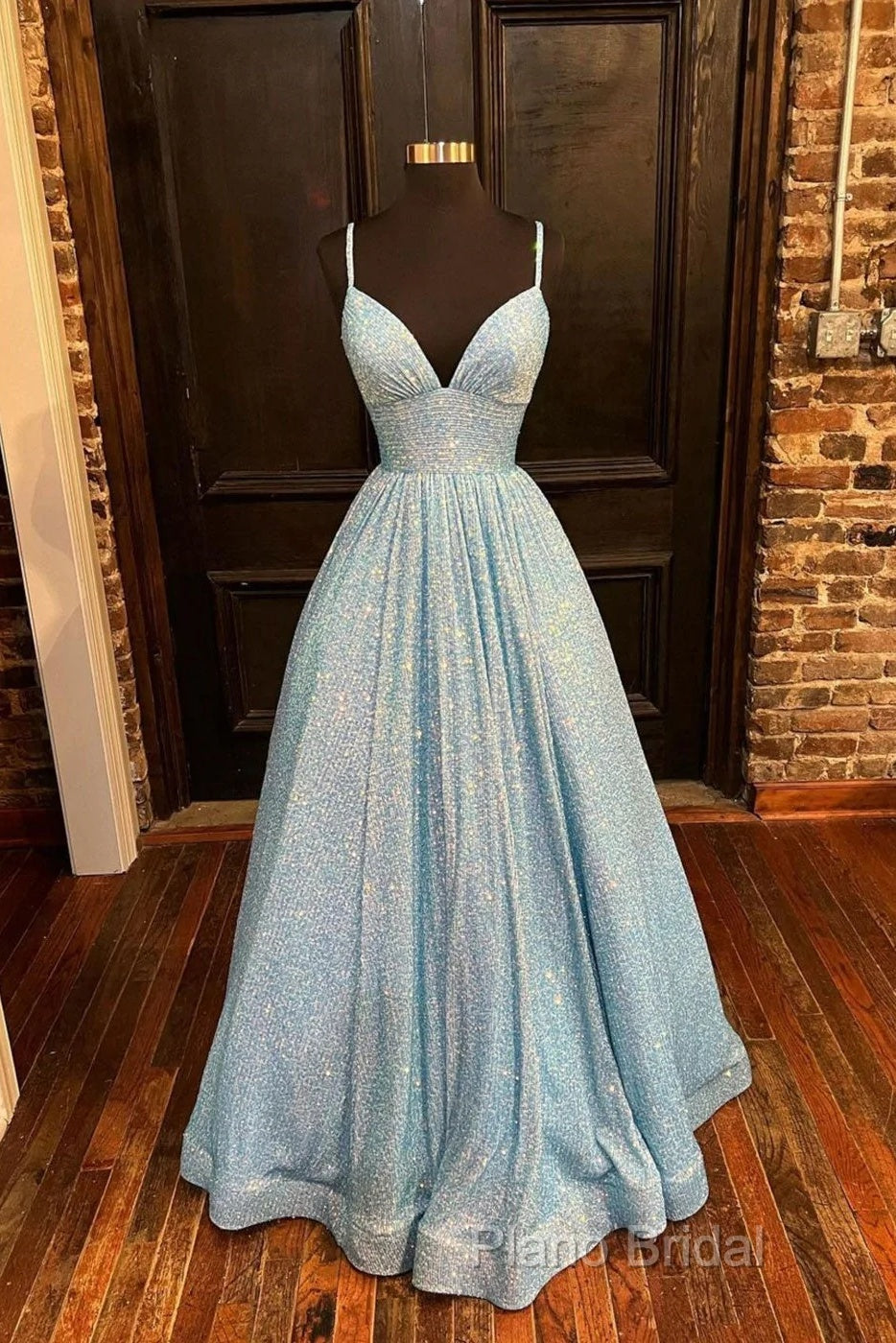 Simple Blue V Neck Sequin Long Formal Prom Dresses,A Line Blue Formal Dresses