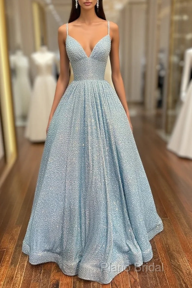 Simple Blue V Neck Sequin Long Formal Prom Dresses,A Line Blue Formal Dresses