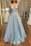 Simple Blue V Neck Sequin Long Formal Prom Dresses,A Line Blue Formal Dresses